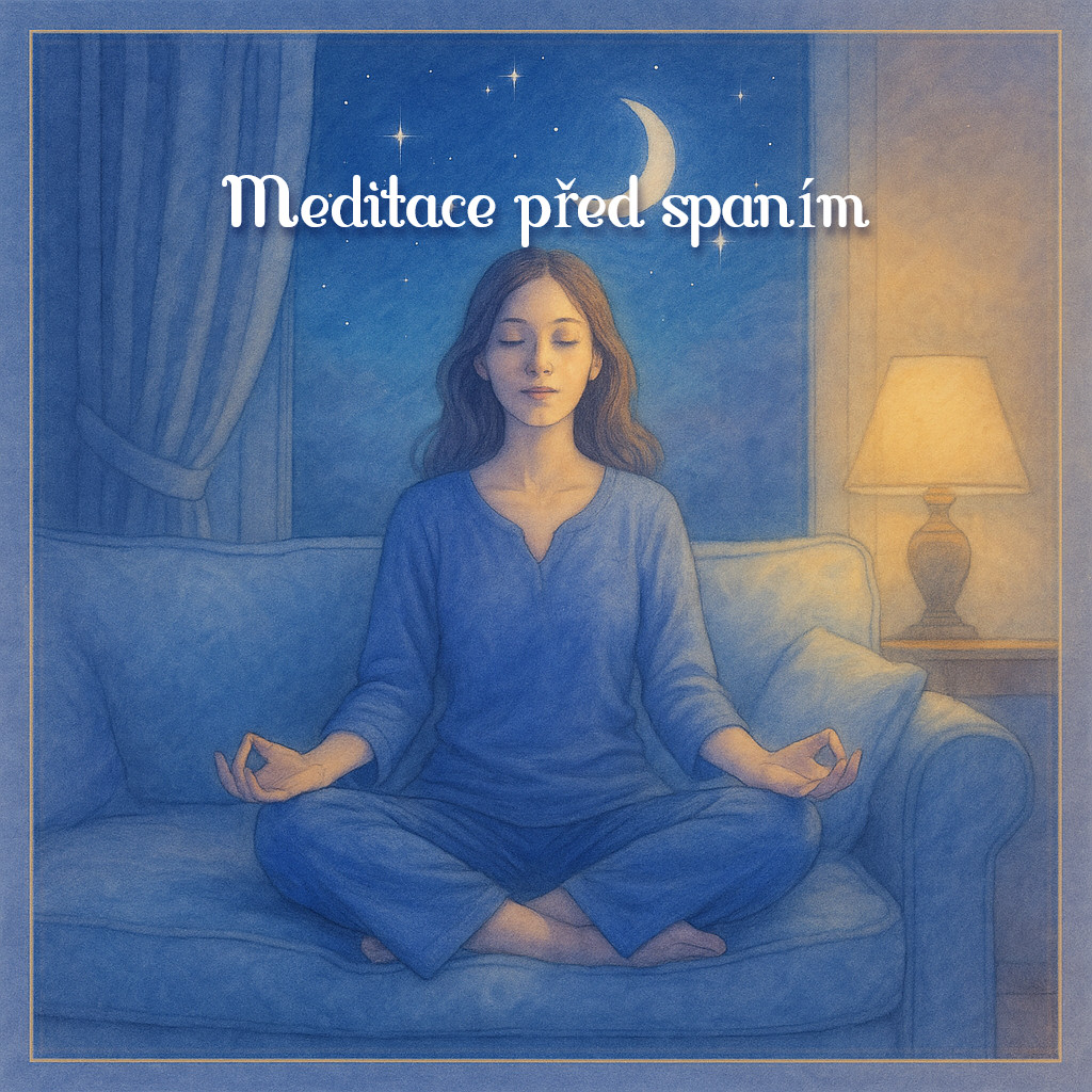 Meditace před spaním(2) Meditace před spaním znázorňuje osobu meditující v klidné noční atmosféře, která je obklopená hvězdnou oblohou,